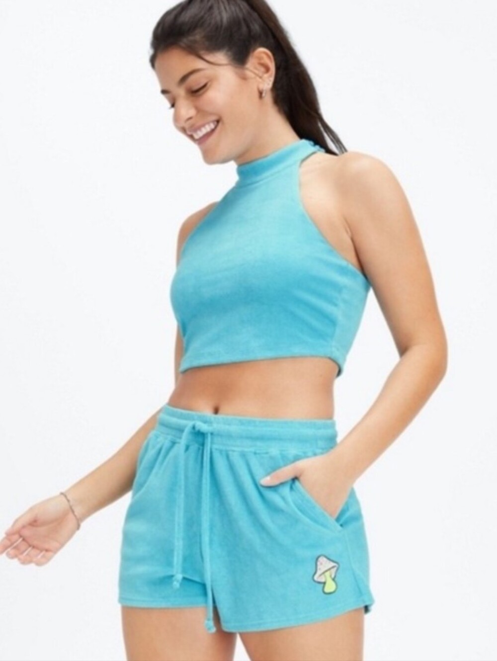 Top & Shorts Set Fabletics x Vanessa Hudgens Sun-Daze Aqua Blue Terry Set M